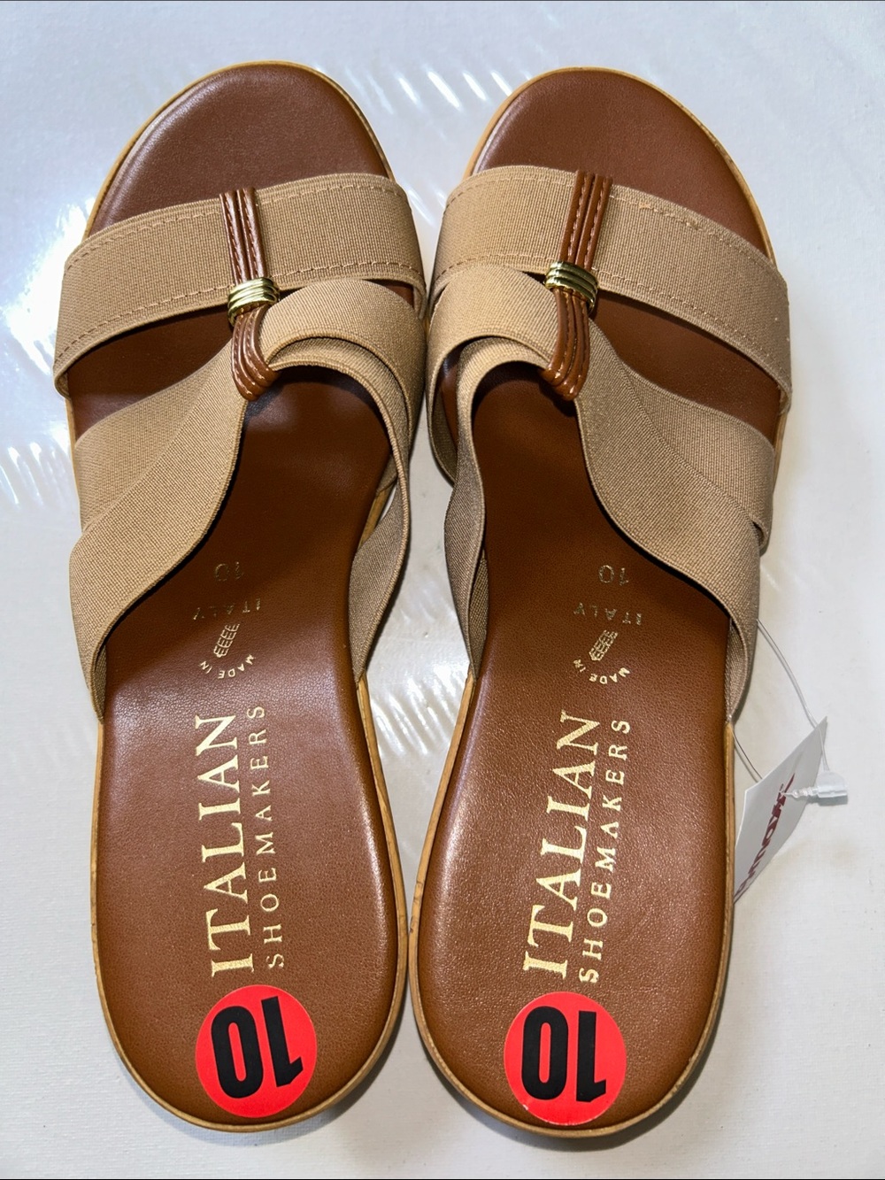 NWOB Italian Shoemakers Beige Slip-On Wedge Sandals with Gold Accent